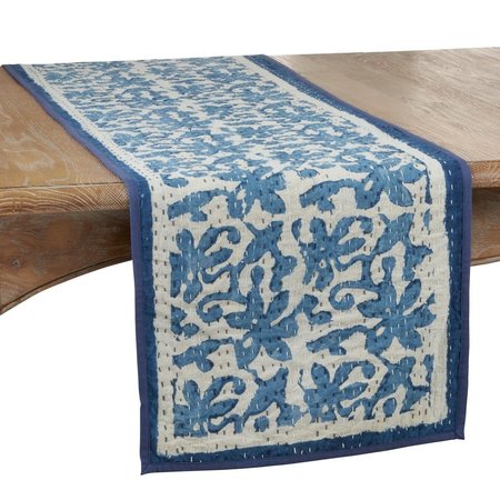 SARO LIFESTYLE SARO  14 x 72 in. Oblong Floral Kantha Stitch Table Runner with Block Print 3219.IN1472B